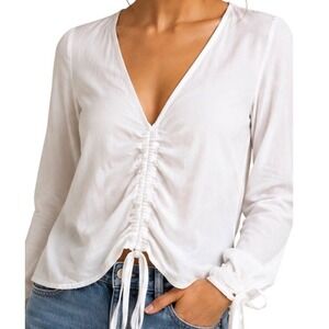 Guess VintageWomen White Ruched Front VNeck Drawstring Long Sleeve Blouse Large